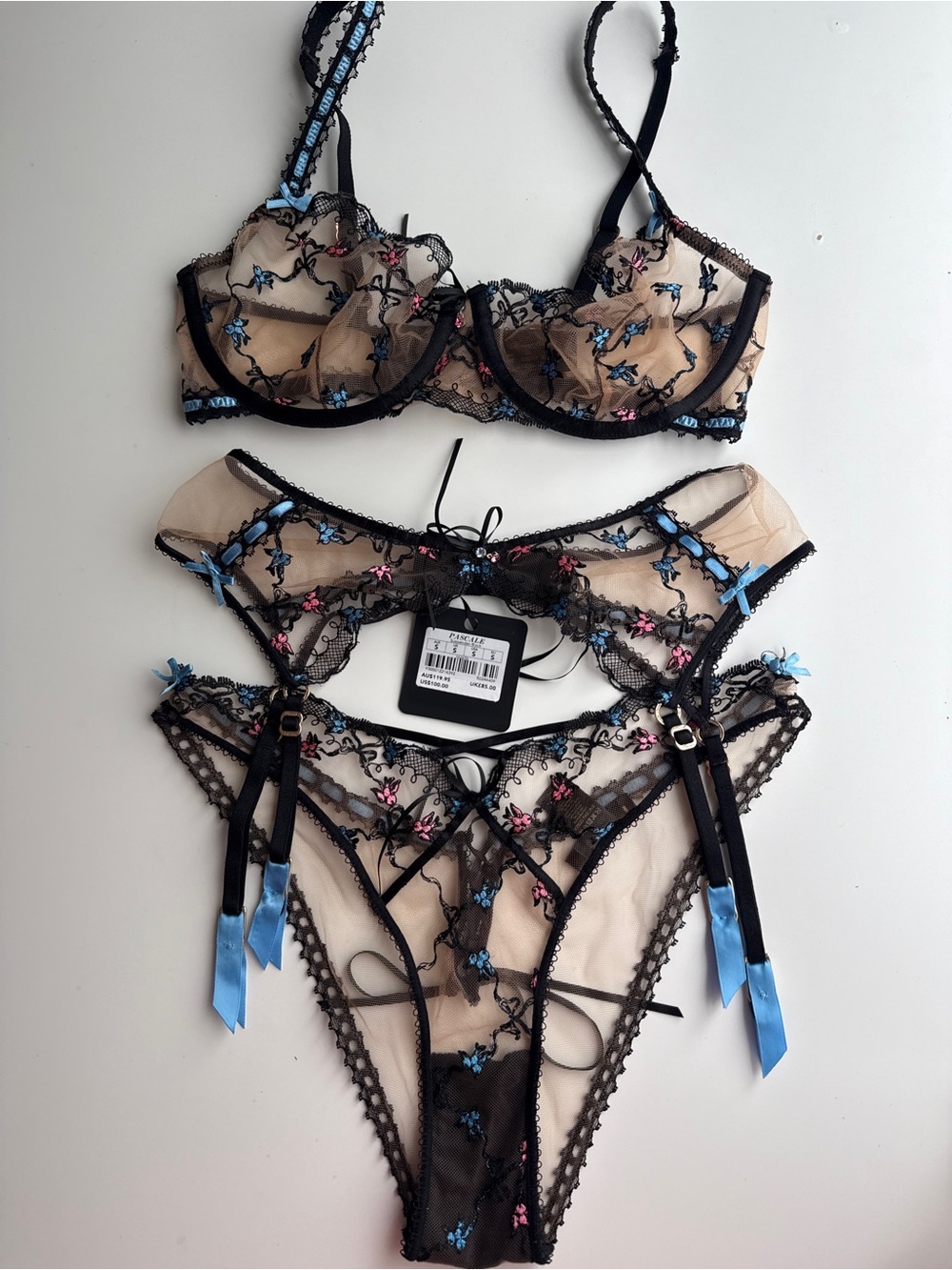 Honey birdette Set Bra panty garter belt Pascale Black blue Lingerie 32ddd S S - Picture 2 of 11
